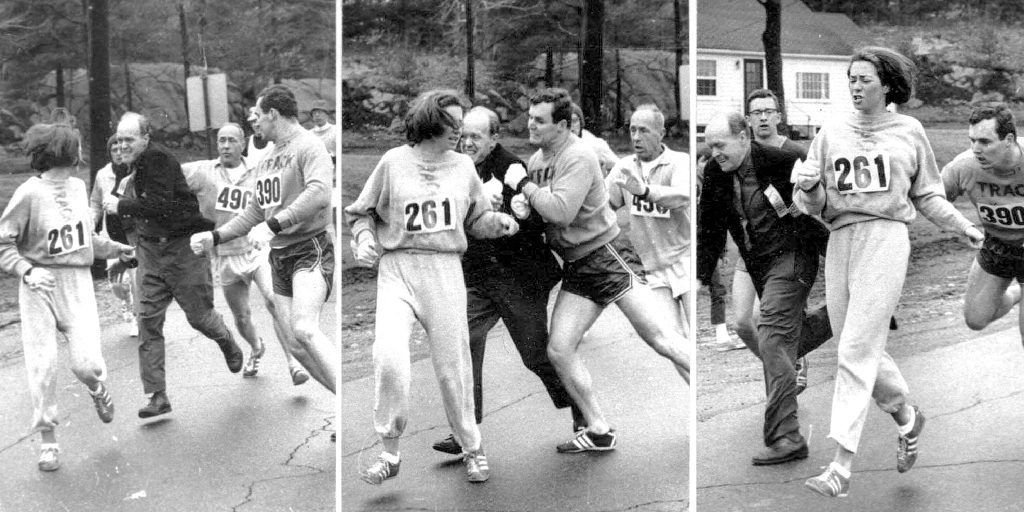 Kathrine Swtizer, queriendo ser retirada de la Maraton de Boston 1967